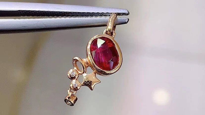 Pendant 18K Rose Gold 0.98ct Red Ruby Gemstones Necklace for Women