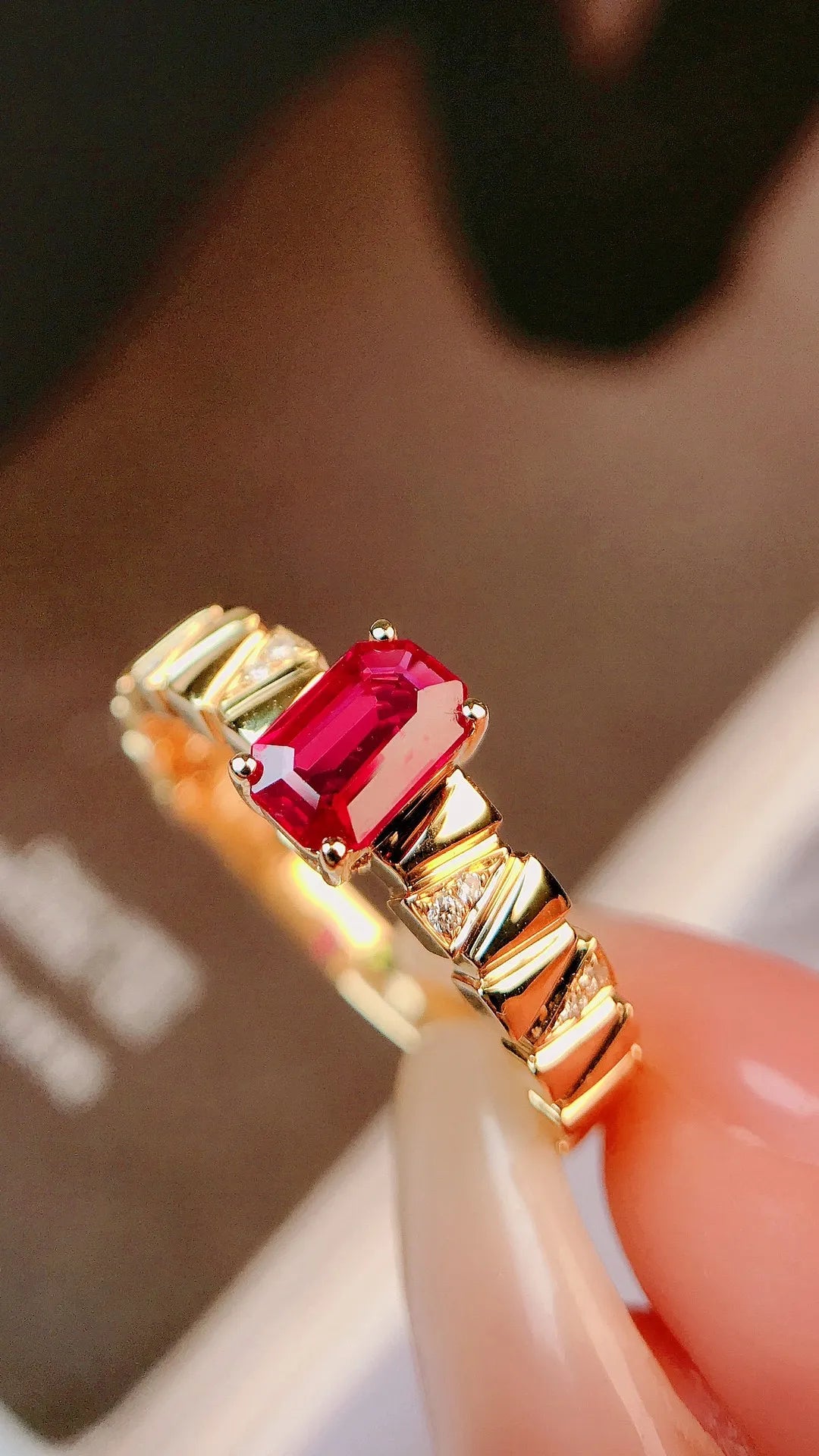 Ring 18K Gold 0.54ct Red Ruby Diamonds Anniversary Female's