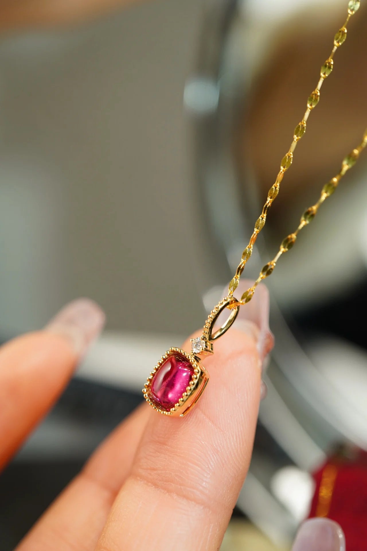 Pendant 18K Gold 1ct Rubillite Red Tourmaline Gemstones Diamond Necklace for Women