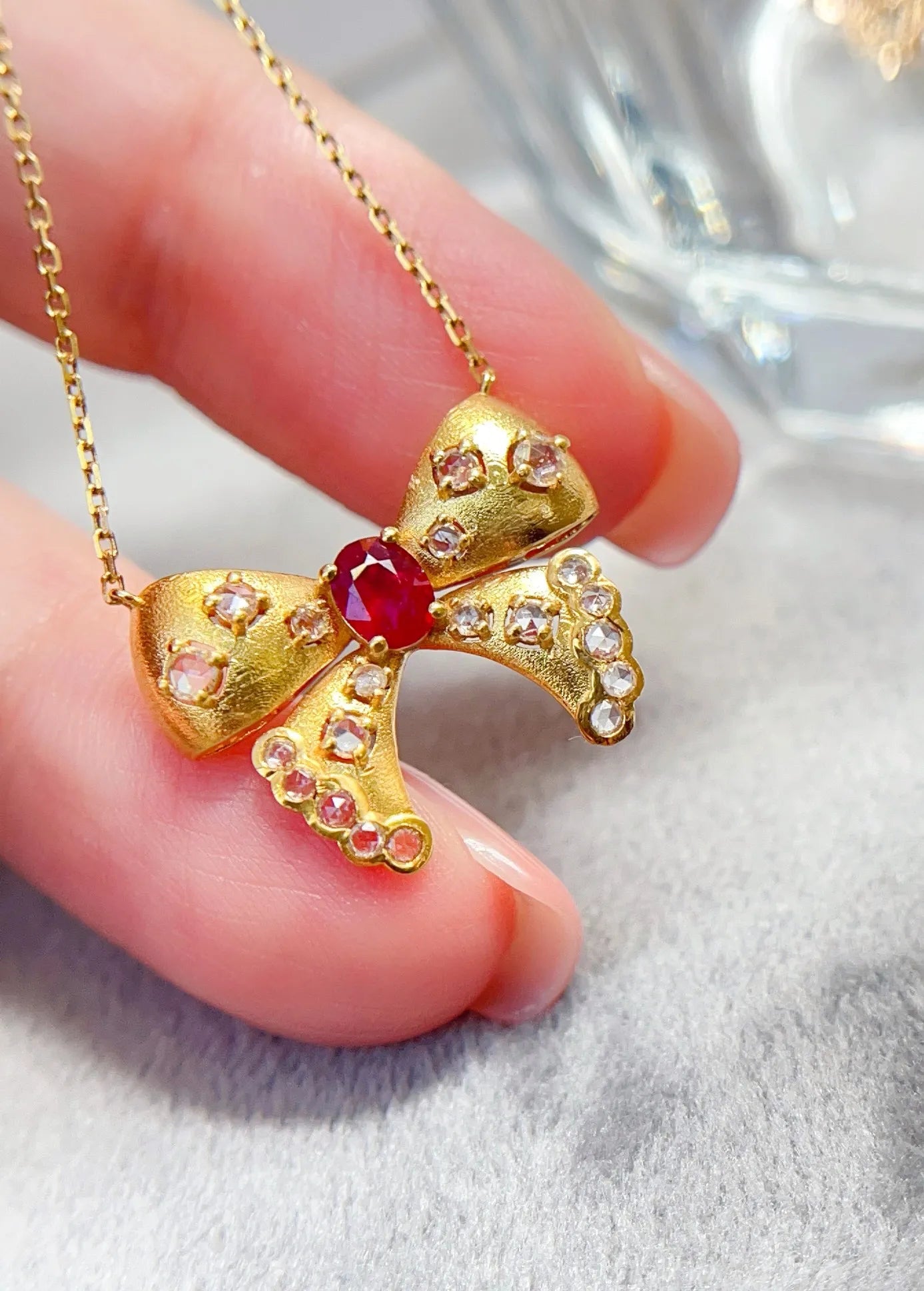 Necklace 18K Gold 0.3ct Red Ruby Diamonds Pendant Female's