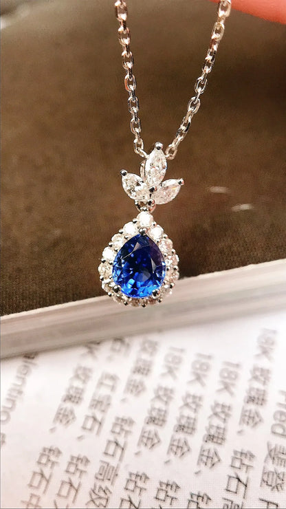 Necklace 18K White Gold 0.42ct Blue Sapphire Diamonds Pendant Female's