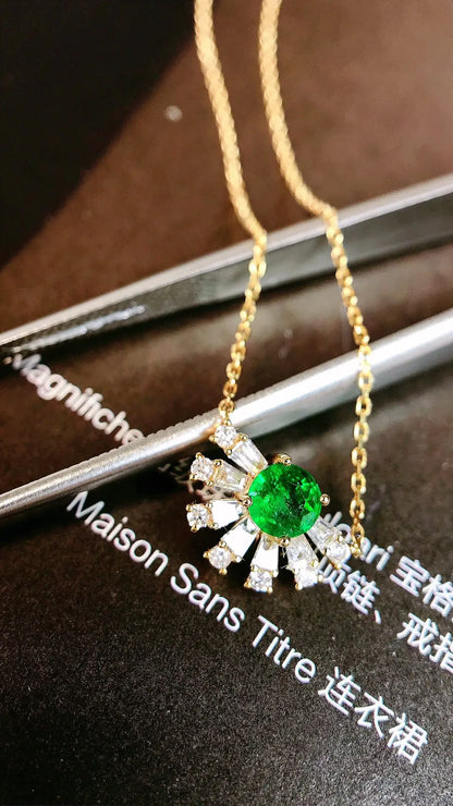 Necklace 18K Gold 0.29ct Green Emerald Diamonds Pendant Female's