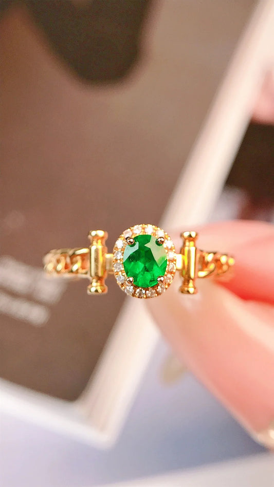 Ring 18K Gold 0.24ct Green Emerald Gemstones Diamonds Female's