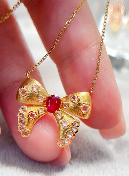 Necklace 18K Gold 0.3ct Red Ruby Diamonds Pendant Female's