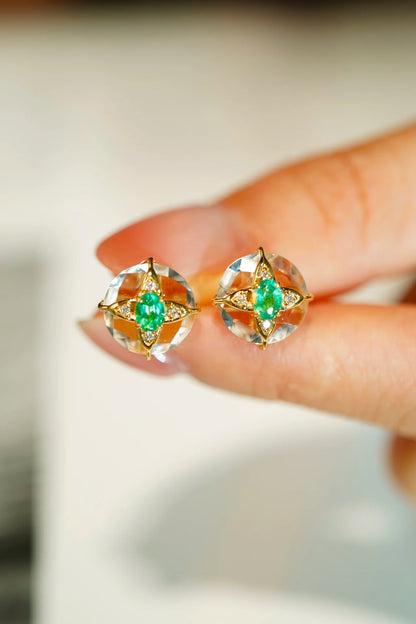 Earrings 18K Gold 0.3ct Green Emerald Diamonds Drop Female's Fine