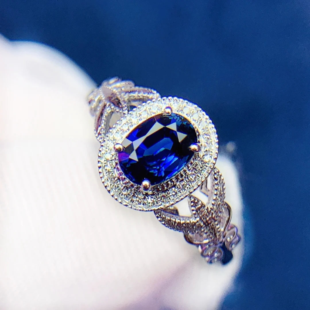 Ring 18K Gold 1.1ct Royal Blue Sapphire Gemstones Diamonds Female