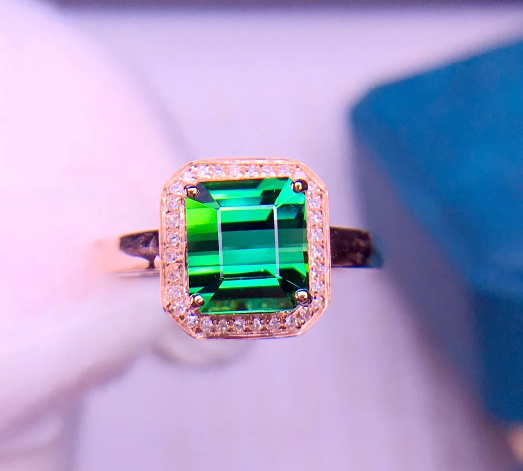 Ring 18K Gold 2.6ct Green Tourmaline Gemstone Diamonds Men's Wedding Ring