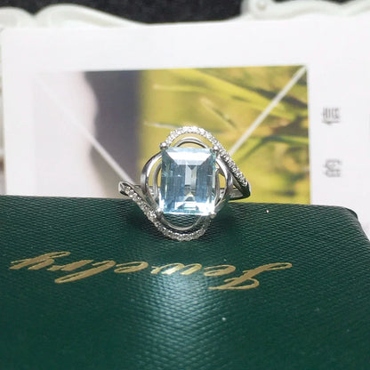 Ring 18K Gold 2.8ct Blue Aquamarine Gemstone Fine Female