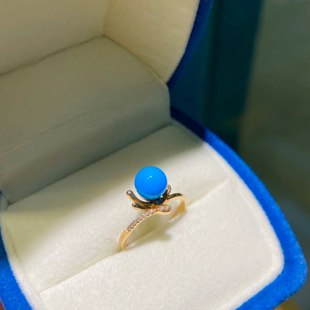 Ring 18K Gold Blue Turquoise Gemstones 7.1mm Diamonds Female