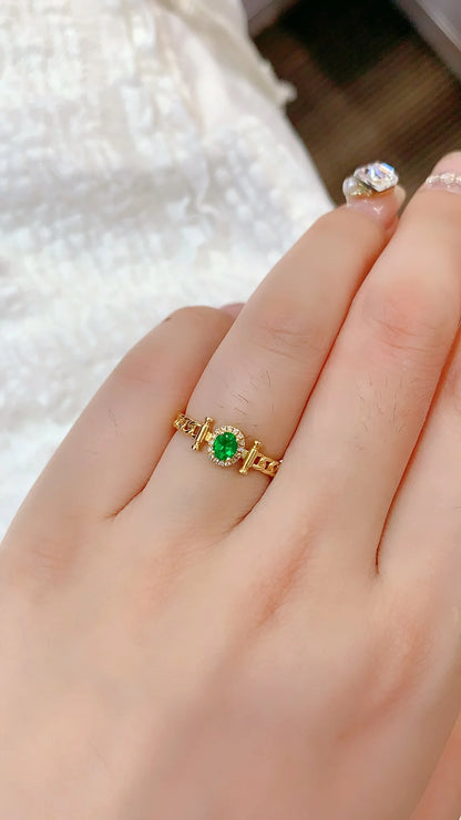 Ring 18K Gold 0.24ct Green Emerald Gemstones Diamonds Female's