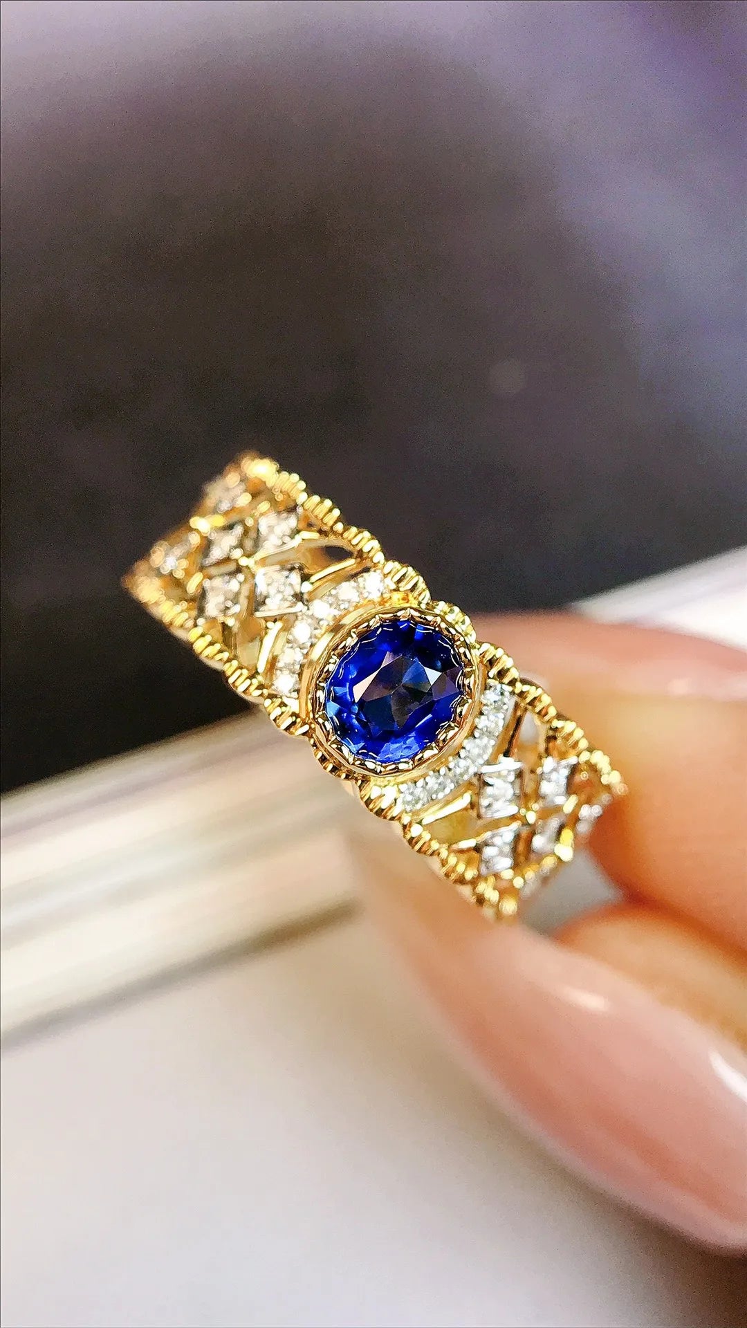 Ring 18K Gold 0.38ct Blue Sapphire Gemstones Diamonds Female Jewelry