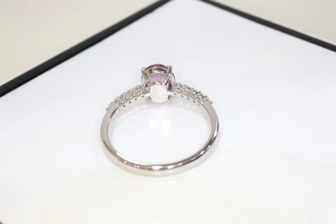 Ring 18K White Gold 1.23ct Orangy Pink Sapphire Gemstones Diamonds Female Fine Jewelry