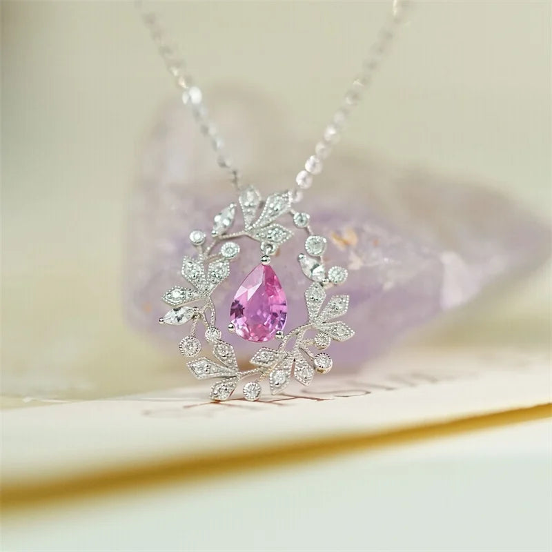 Pendant 18K White Gold 0.8ct Pink Sapphire Gemstones Necklace