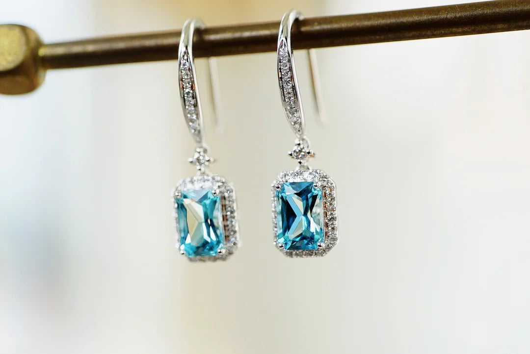 Earrings 18K White Gold 1.3ct Aquamarine Diamonds Female's Fine