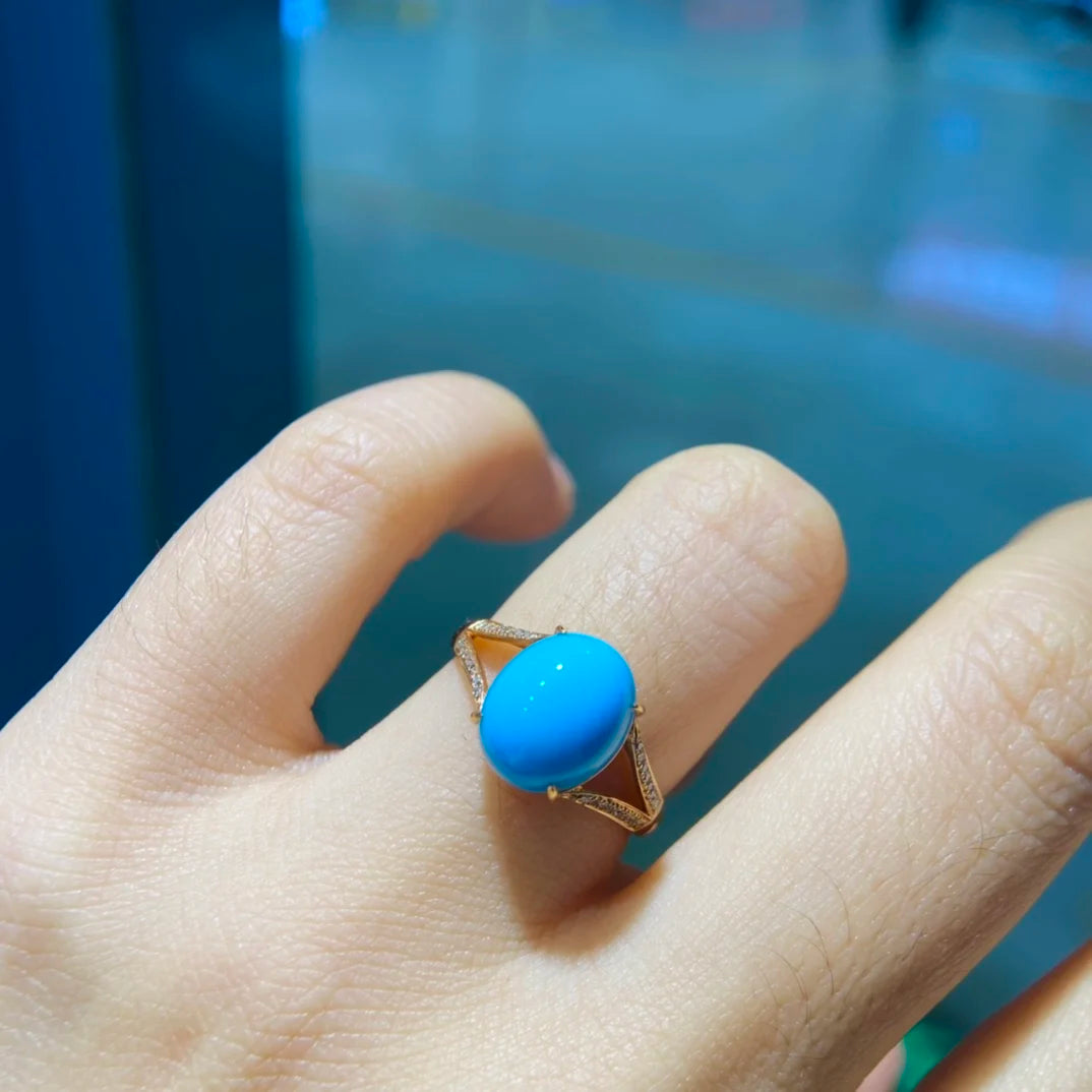 Ring 18K Gold 11*9mm Blue Turquoise Gemstones Diamonds Female Sporty