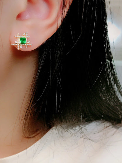 Earrings 18K Gold 0.50ct Green Emerald Diamonds Stud Female's Fine