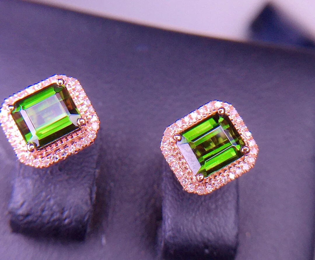 Earrings 18K Rose Gold 2ct Green Tourmaline Diamonds Female's