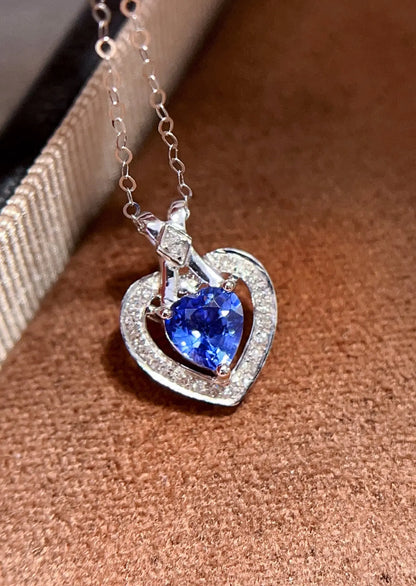 Necklace 18K White Gold 0.6ct Blue Sapphire Diamonds Pendant Female's