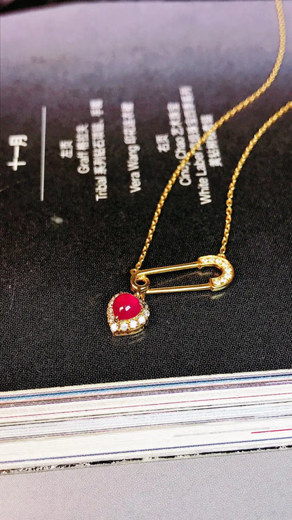 Necklace 18K Gold 0.34ct Red Ruby Diamonds Pendant Female's