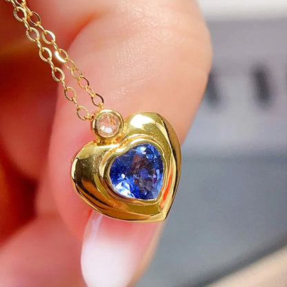 Necklace 18K Yellow Gold 0.7ct Blue Sapphire Diamonds Pendant Female's