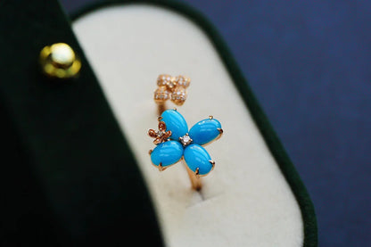 Ring 18K Rose Gold Blue Turquoise Gemstones Diamonds Female's