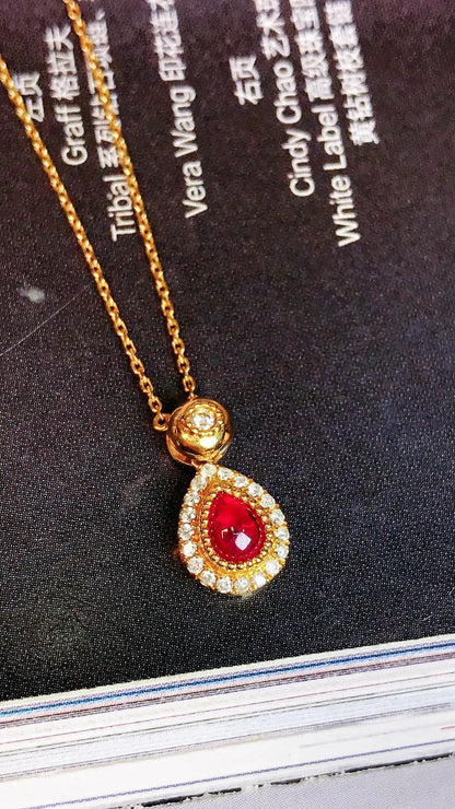 Necklace 18K Gold 0.34ct Red Ruby Diamonds Pendant Female's