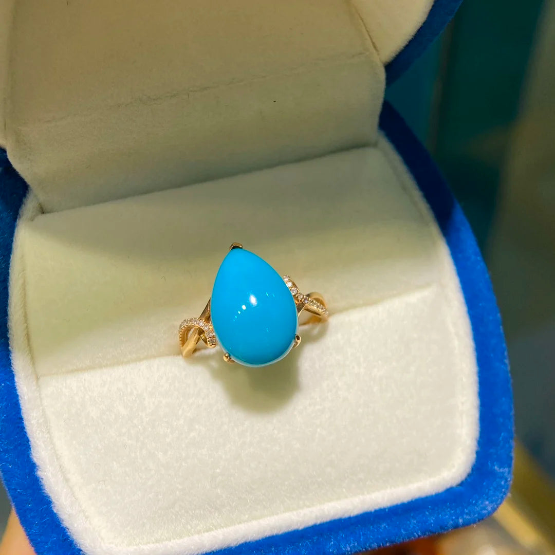 Ring 18K Gold 15.8x10.2mm Blue Turquoise Diamonds Female's