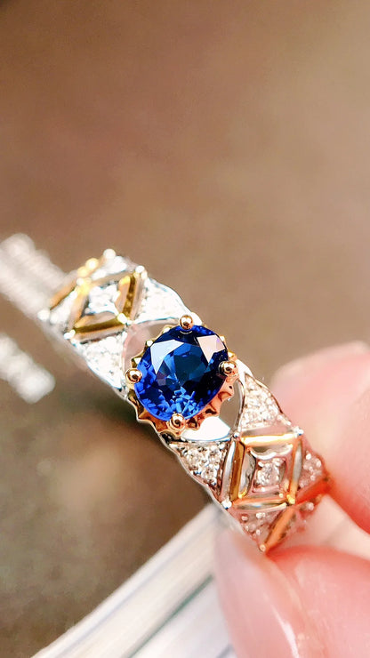 Ring 18K Gold 0.48ct Blue Sapphire Gemstones Diamonds Female's