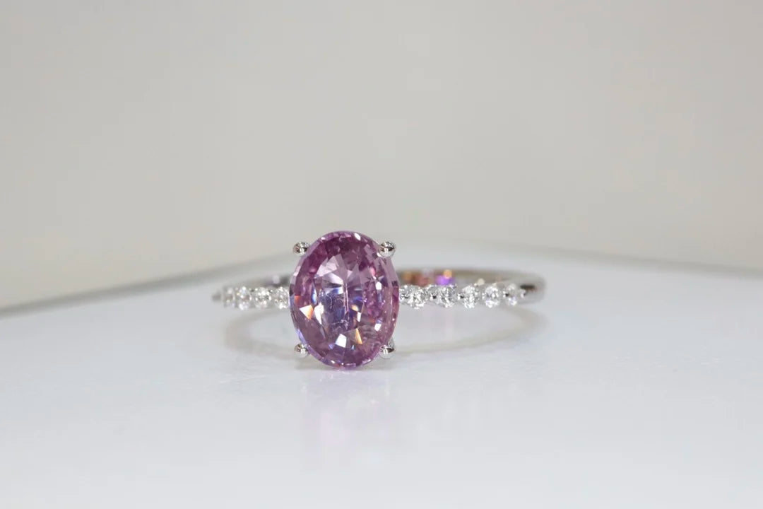 Ring 18K White Gold 1.23ct Orangy Pink Sapphire Gemstones Diamonds Female Fine Jewelry