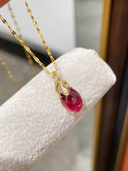 Pendant 18K Gold 1ct Rubillite Red Tourmaline Gemstones Diamond Necklace