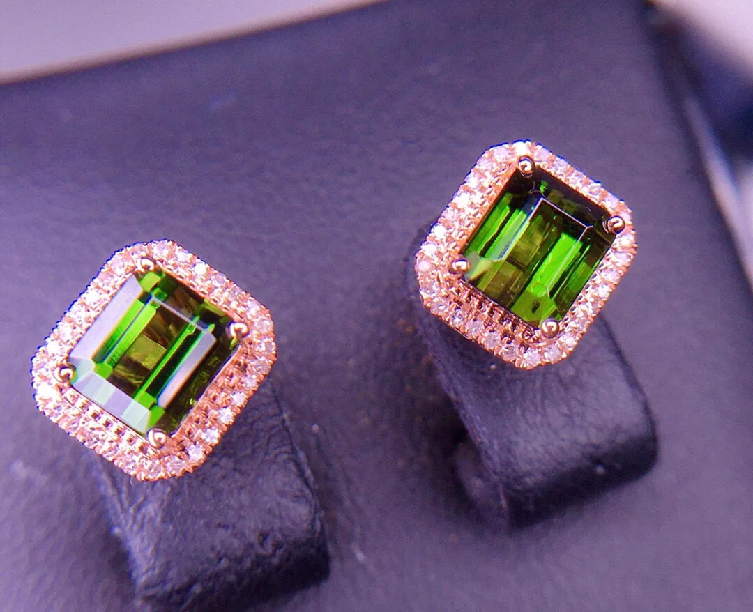 Earrings 18K Rose Gold 2ct Green Tourmaline Diamonds Female's