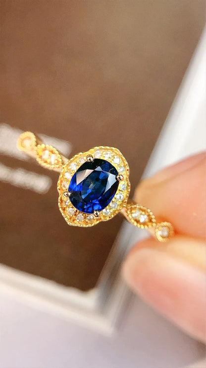 Ring 18K Yellow Gold 0.54ct Blue Sapphire Diamonds Female's