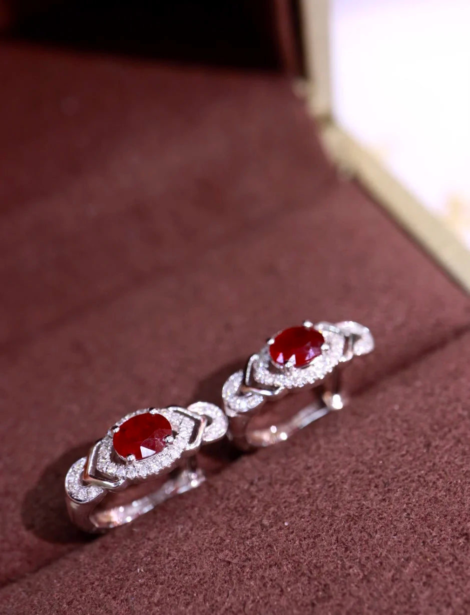 Earrings 18K White Gold 1.0ct Red Ruby Gemstones Stud Female's Fine