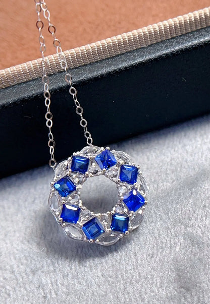 Necklace 18K White Gold 1ct Blue Sapphire Diamonds Pendant Female's