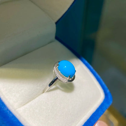 Ring 18K Gold 7.9*9.9mm Blue Turquoise Gemstones Diamonds Female Casual Sporty Fine Jewelry