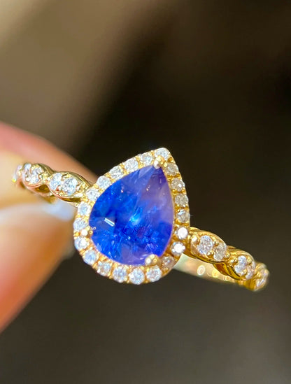 Ring 18K Gold 1.15ct Blue Sapphire Gemstones Diamonds Female's