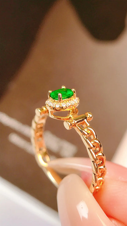 Ring 18K Gold 0.24ct Green Emerald Gemstones Diamonds Female's