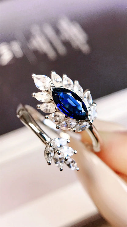 Ring 18K Gold 0.62ct Blue Sapphire Gemstone Diamonds Female Fine