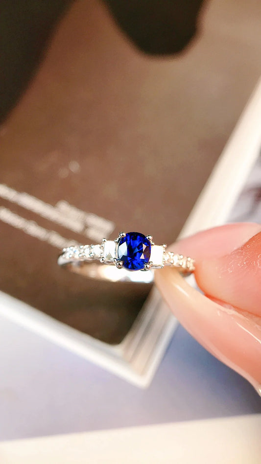 Ring 18K Gold 0.57ct Blue Sapphire Gemstones Diamonds Solid Jewelry For Women