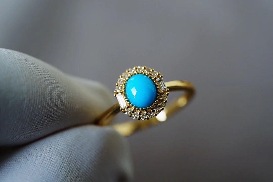 Ring 18K Gold 9.6*8.8mm Blue Turquoise Gemstones Diamonds Female's