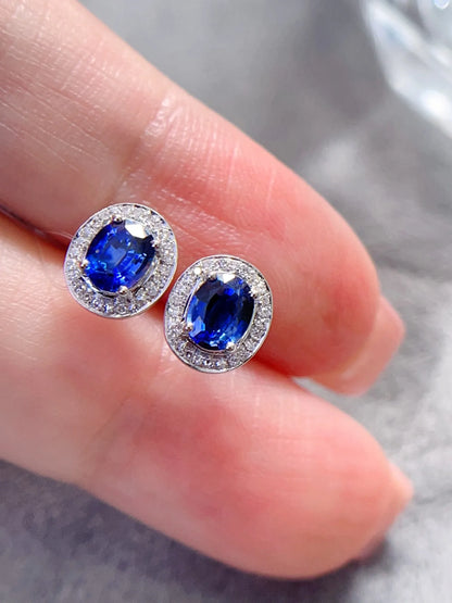 Earrings 18K Gold 0.8ct Blue Sapphire Gemstones Stud Female's Fine