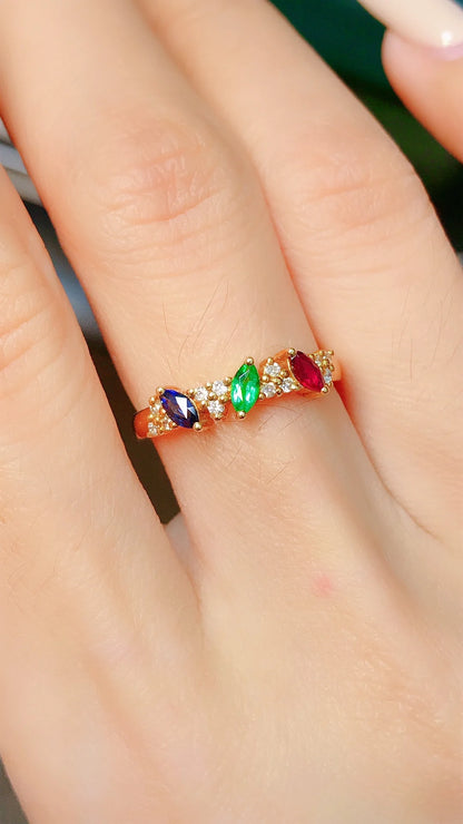 Ring 18K Gold 0.43ct Natural Ruby Sapphire Emerald Gemstones Female's