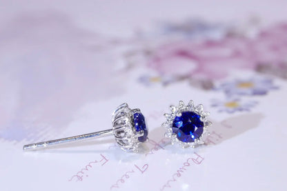 Earrings 18K Gold 0.55ct Blue Sapphire Gemstones Stud Female's Fine