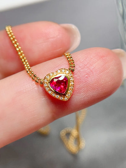 Necklace 18K Gold 0.6ct Red Ruby Diamonds Pendant Female's