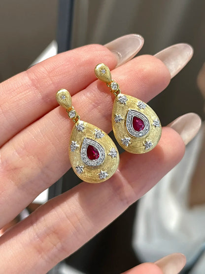 Earrings 18K Yellow Gold 0.3ct Red Ruby Gemstones Stud Female's Fine