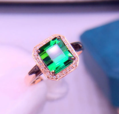 Ring 18K Gold 2.6ct Green Tourmaline Gemstone Diamonds Men's Wedding Ring