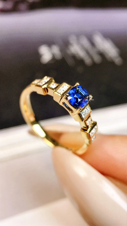 Ring 18K Gold 0.53ct Blue Sapphire Gemstones Diamonds Female Fine