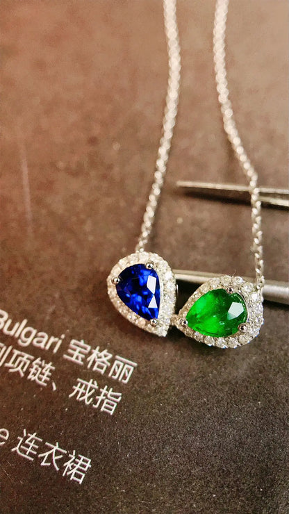 Necklace 18K White Gold 0.57ct Blue Sapphire and Emerald Diamonds Pendant