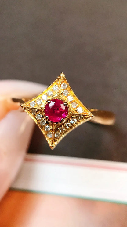 Ring 18K Gold 0.2ct Red Ruby Diamonds Female Anniversary Fine Jewelry