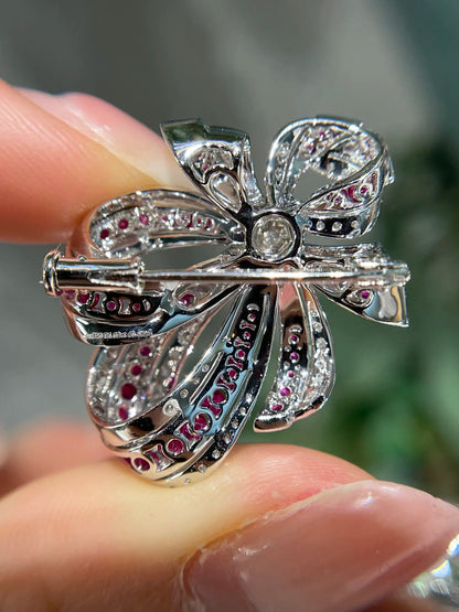 Brooch 18K White Gold 1ct White Diamond Red Ruby Women's SX2024